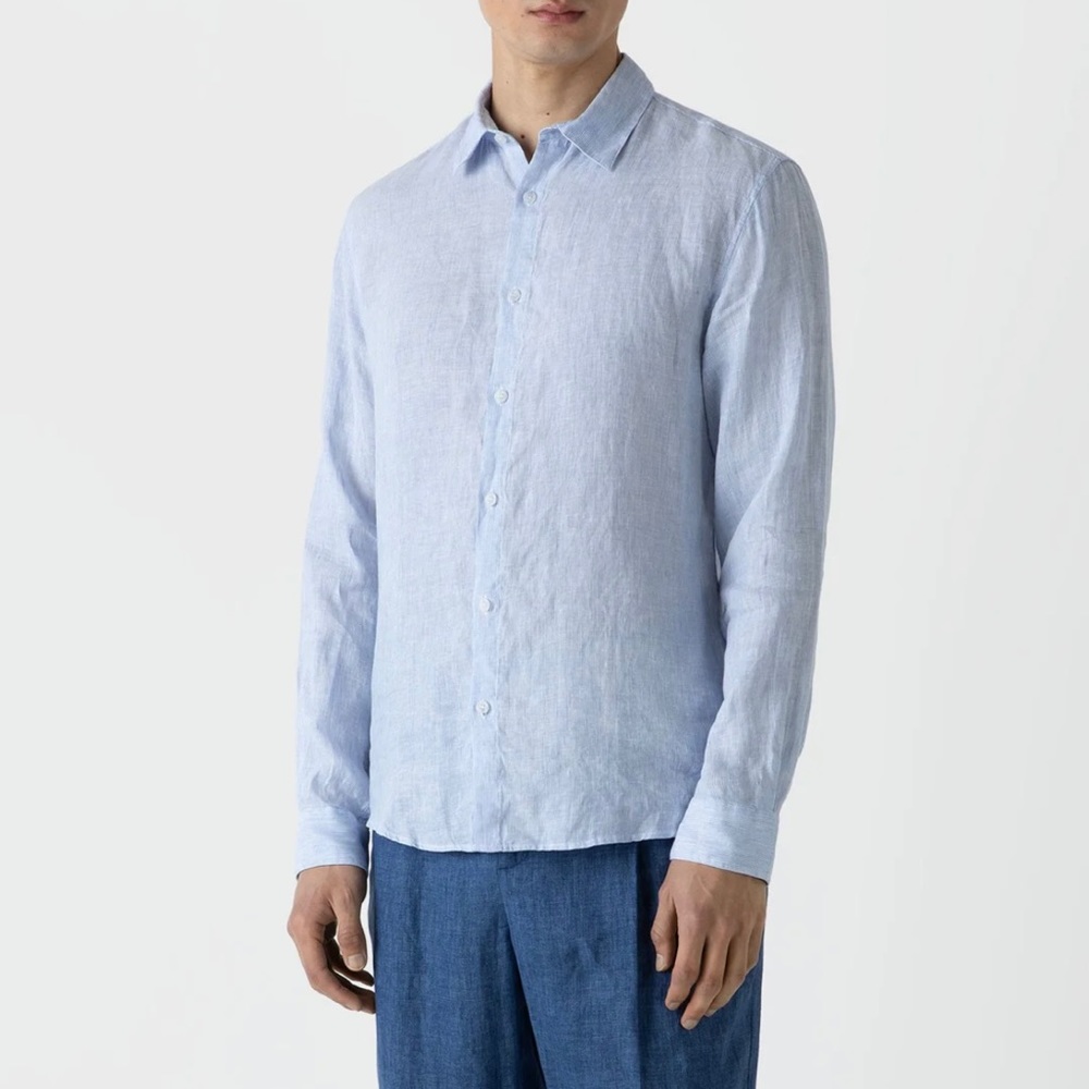 Sunspel linen shirt in Cool Blue Micro Stripe